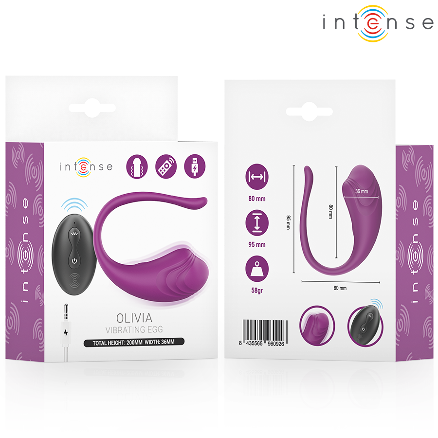 Boites violettes Intense de l'oeuf vibrant Olivia, recto verso avec schema des dimensions, telecommande et pictogrammes des fonctions sur fond blanc