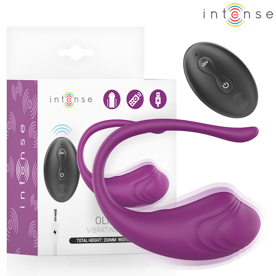 Oeuf vibrant Olivia Intense en silicone violet a longue tige flexible, presente avec sa boite et sa telecommande ronde noire, modele rechargeable etanche