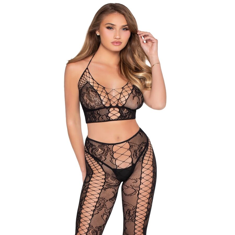 Ensemble crop top et collants en résille et dentelle noirs, gros plan buste, main dans les cheveux