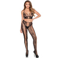 Ensemble crop top et collants en résille et dentelle noirs, vue de face en pied, main sur la hanche, talons hauts