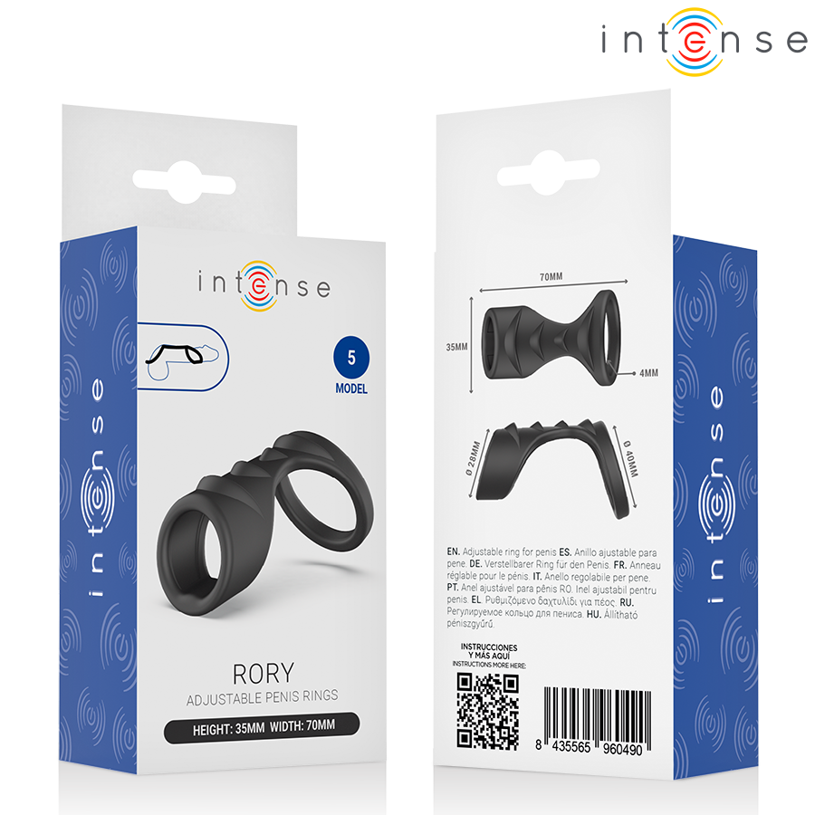 Rory anneau pénis réglable — packaging recto-verso avec schéma des dimensions
