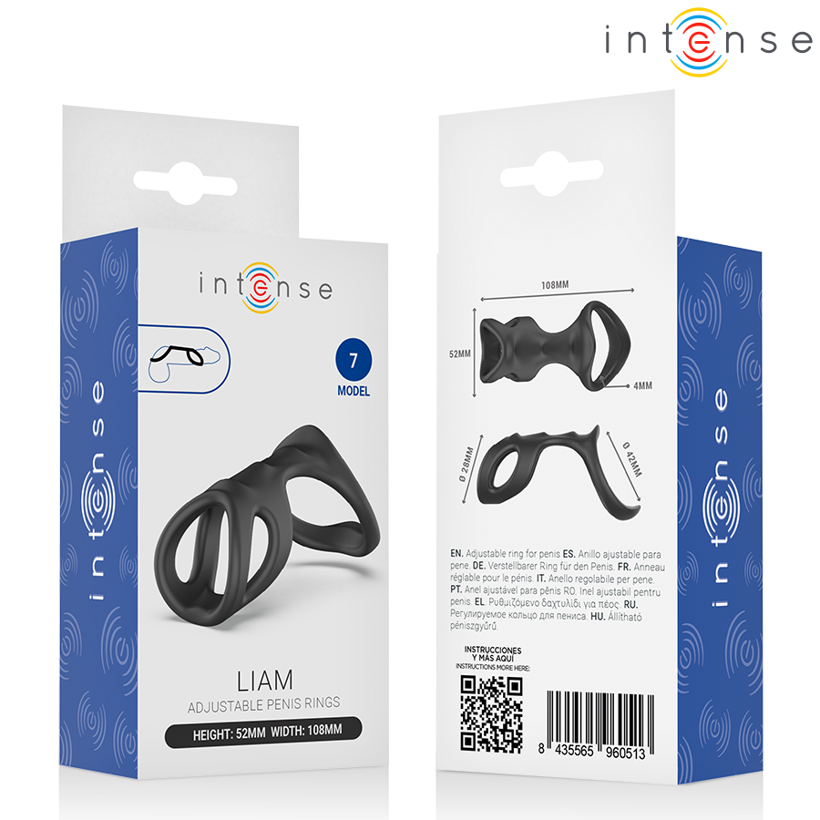 Liam anneau pénis — packaging recto-verso avec schéma des dimensions