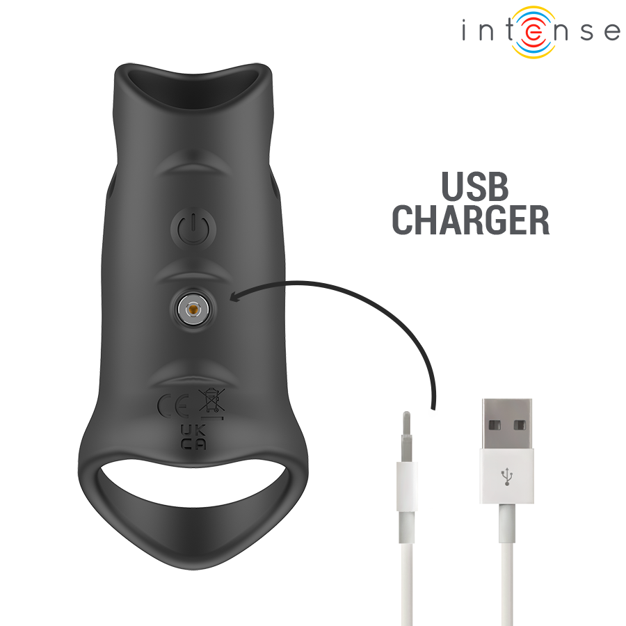 Jerome anneau pénis vibrant réglable — gros plan sur le bouton marche/arrêt et le port de charge magnétique avec câble USB