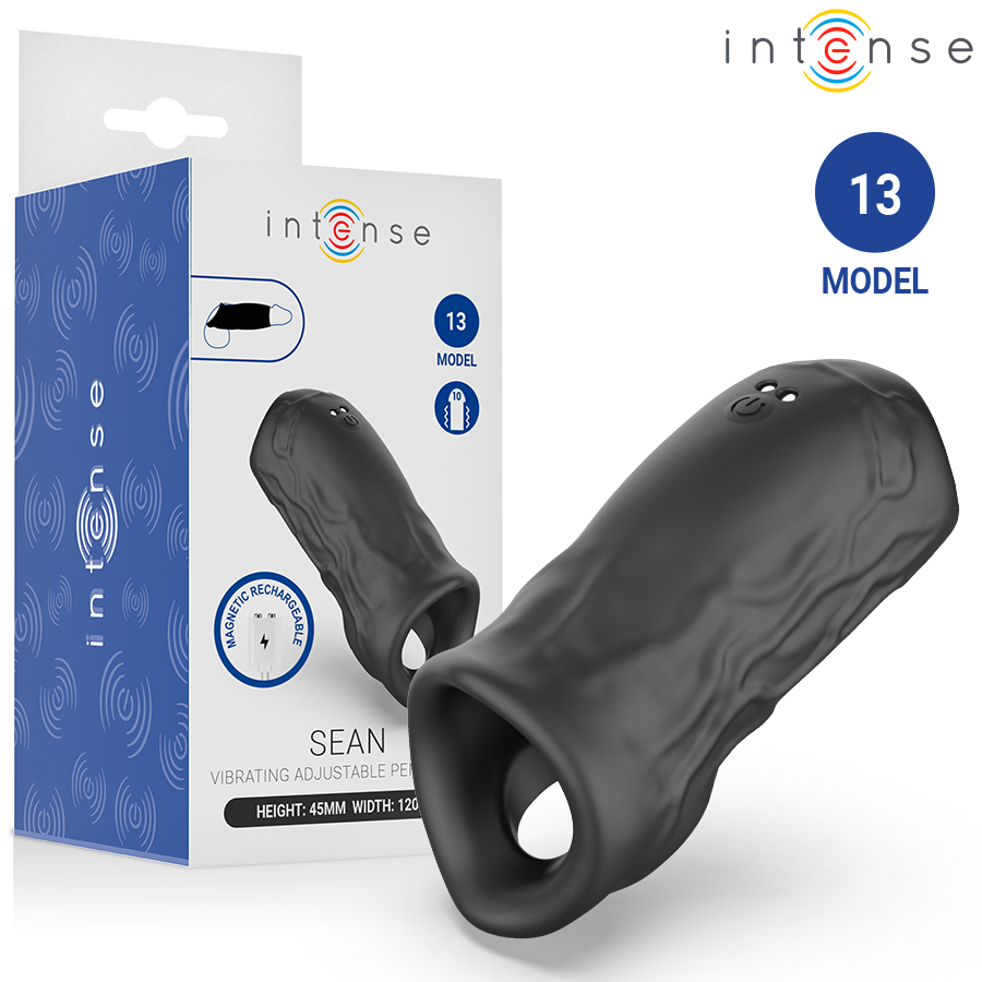 Sean anneau pénis vibrant et réglable — packaging et rendu du produit avec pastille modèle 13 et recharge magnétique
