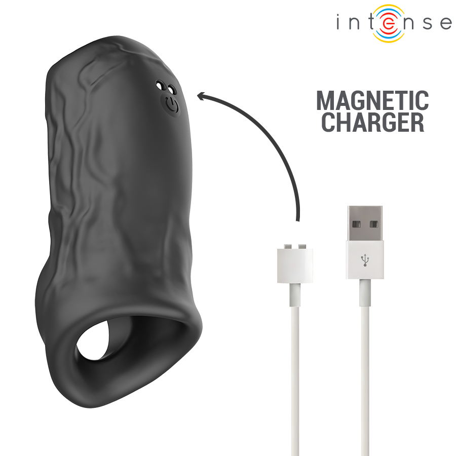 Sean anneau pénis vibrant et réglable — gros plan sur le bouton marche/arrêt et le port de charge magnétique avec câble USB