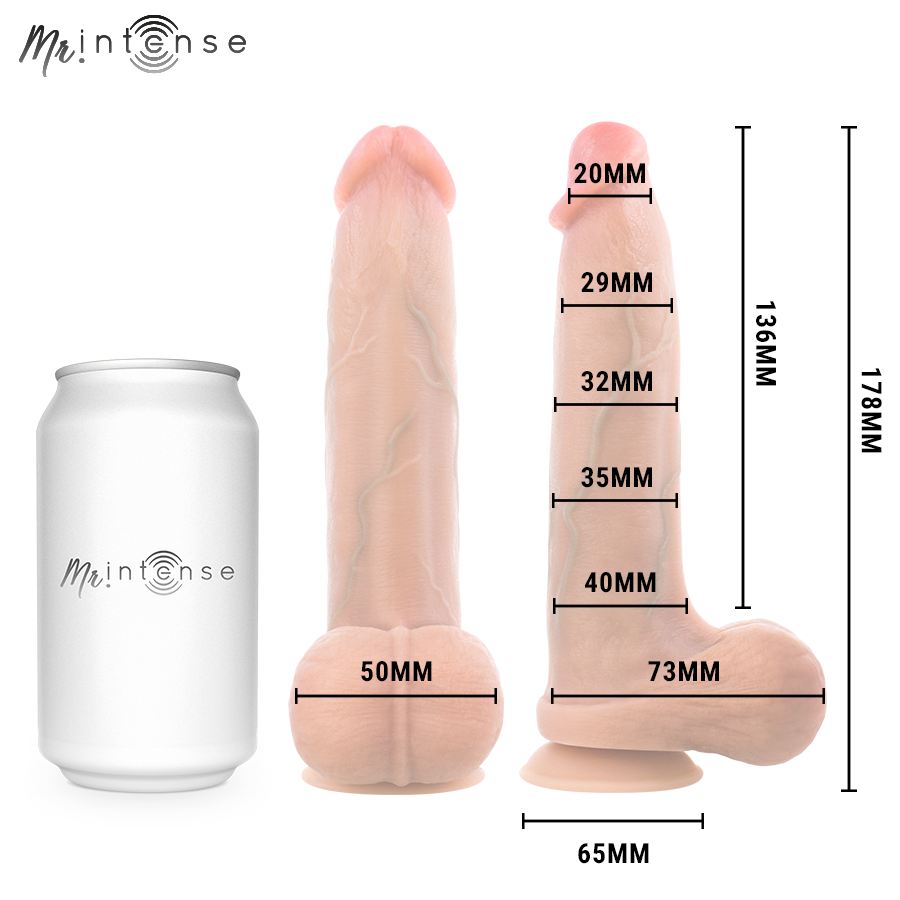 Bruce S godemichet en silicone avec testicules — schéma des dimensions par sections avec canette pour échelle