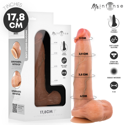 Bruce S godemichet en silicone avec testicules — packaging et rendu du produit avec mesures de circonférence et pictogrammes des caractéristiques
