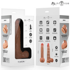 Bruce S godemichet en silicone avec testicules — packaging recto-verso avec pictogrammes des caractéristiques et schéma des dimensions