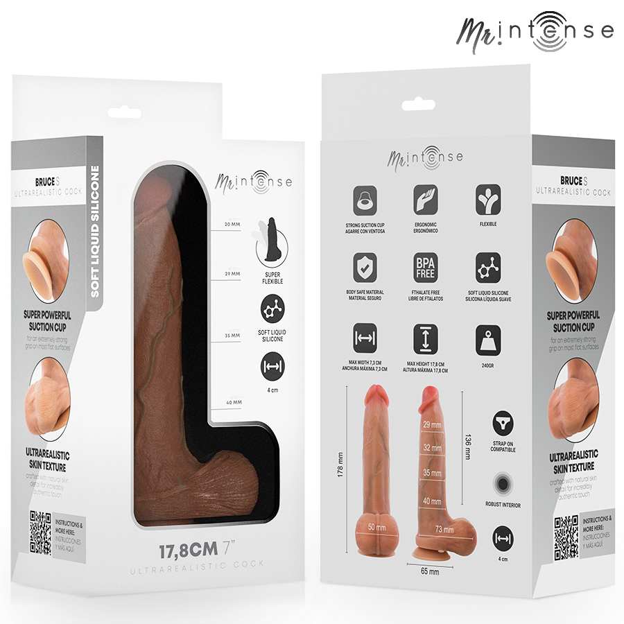 Bruce S godemichet en silicone avec testicules — packaging recto-verso avec pictogrammes des caractéristiques et schéma des dimensions