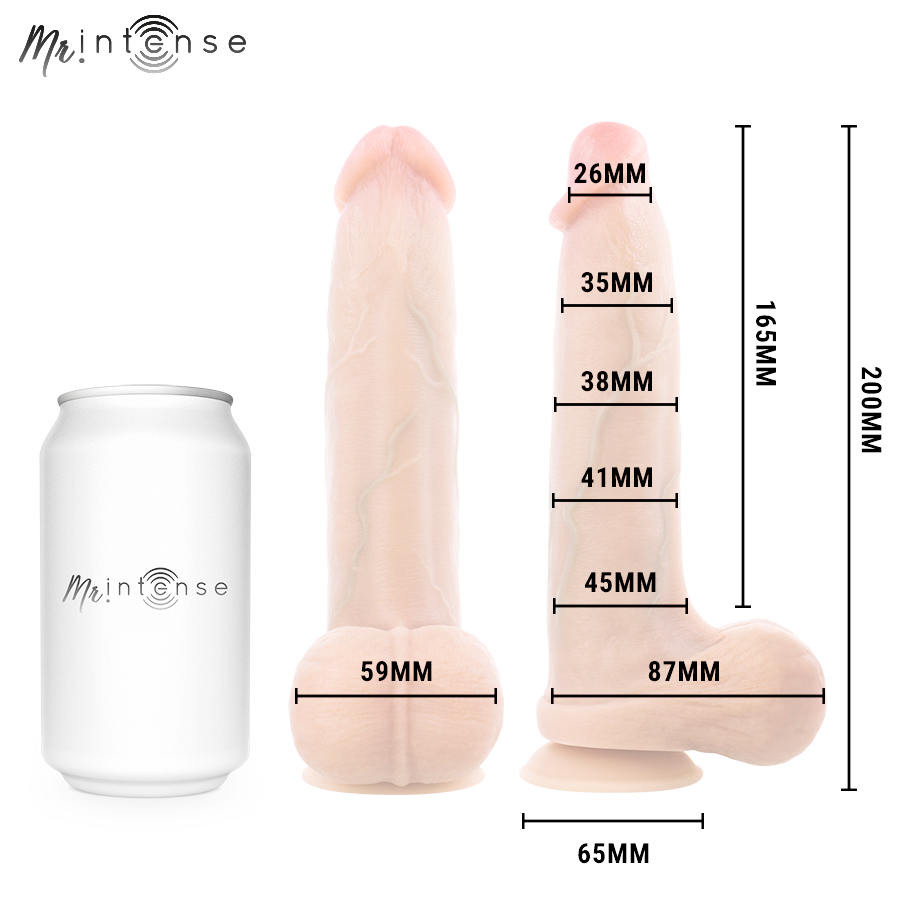Bruce M gode en silicone avec testicules — schéma des dimensions par sections avec canette pour échelle