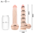 Bruce L godemichet en silicone — schéma des dimensions par sections avec canette pour échelle