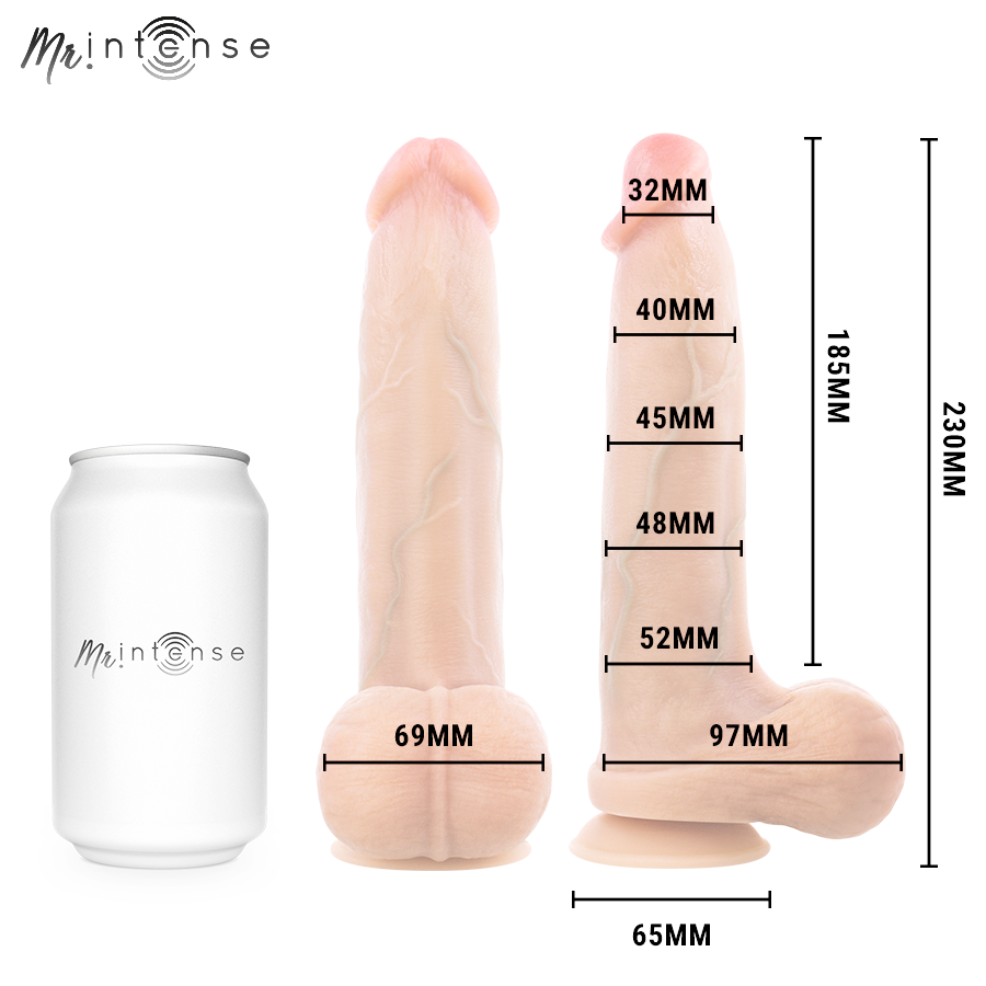 Bruce L godemichet en silicone — schéma des dimensions par sections avec canette pour échelle