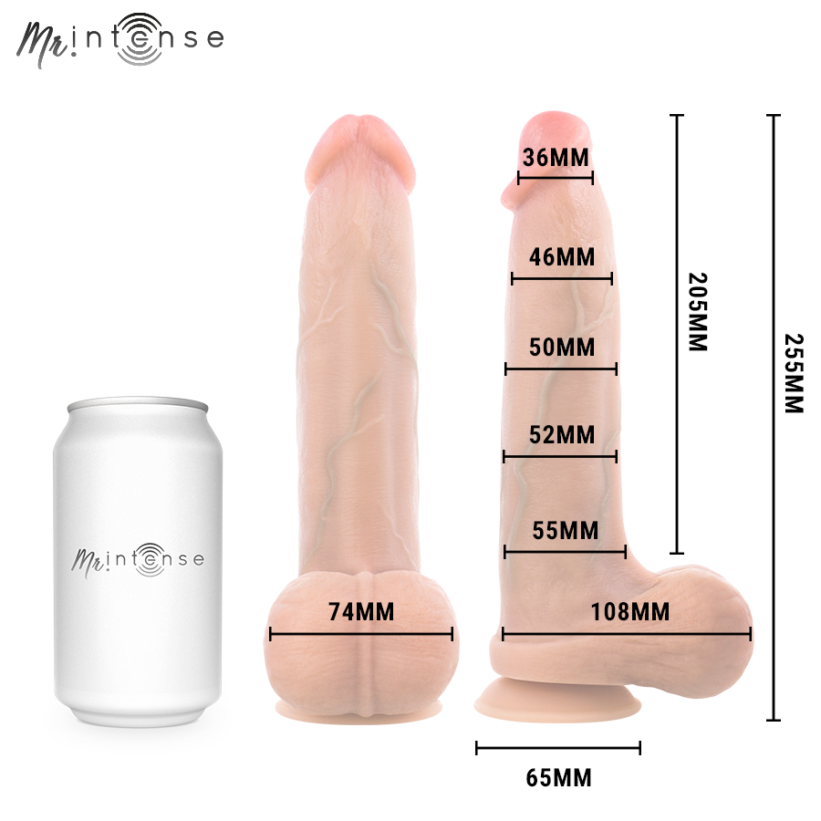 Bruce XL godemichet en silicone avec testicules — schéma des dimensions par sections avec canette pour échelle