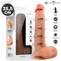 Bruce XL godemichet en silicone avec testicules — packaging et rendu du produit avec mesures de circonférence et pictogrammes des caractéristiques