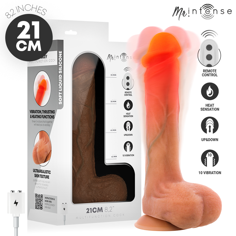 Bradley godemichet vibrant chauffant — packaging et rendu du produit avec icônes télécommande, chaleur, va-et-vient et 10 vibrations