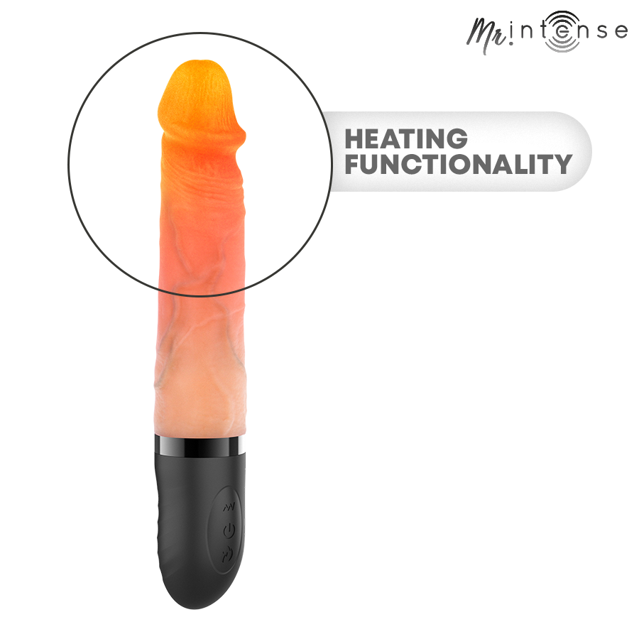 Jean vibrateur haut et bas chauffant — gros plan sur le gland avec dégradé de chaleur rouge-orangé