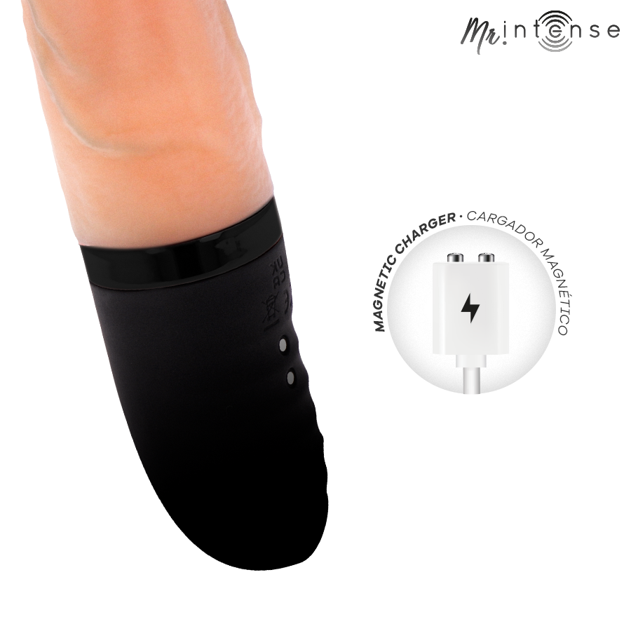 Jean vibrateur haut et bas chauffant — gros plan sur la base noire avec boutons et pictogramme du chargeur magnétique