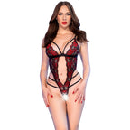 Body en dentelle noire à motif floral rouge, vu de face à mi-cuisse, mains posées sur les hanches.