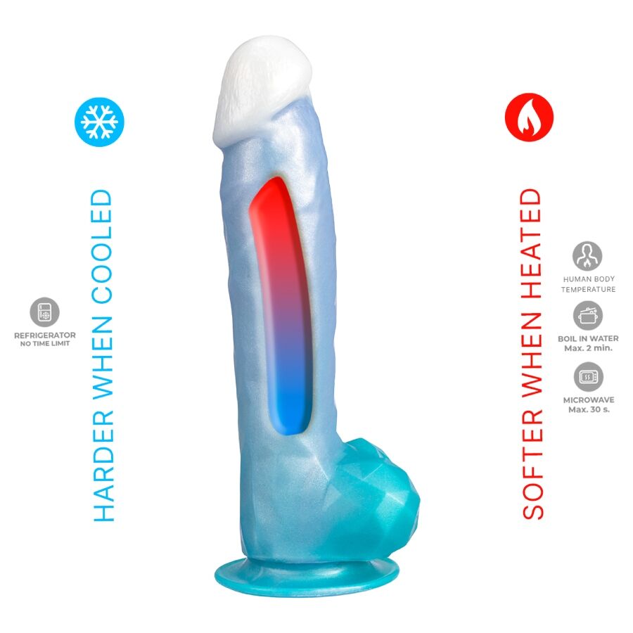 Gode fantaisie Angel Silexd avec démo thermo : fût bleu virant au rouge à la chaleur, gland blanc, base bleue et ventouse. Silicone liquide thermoréactif souple au chaud, Silexpan.