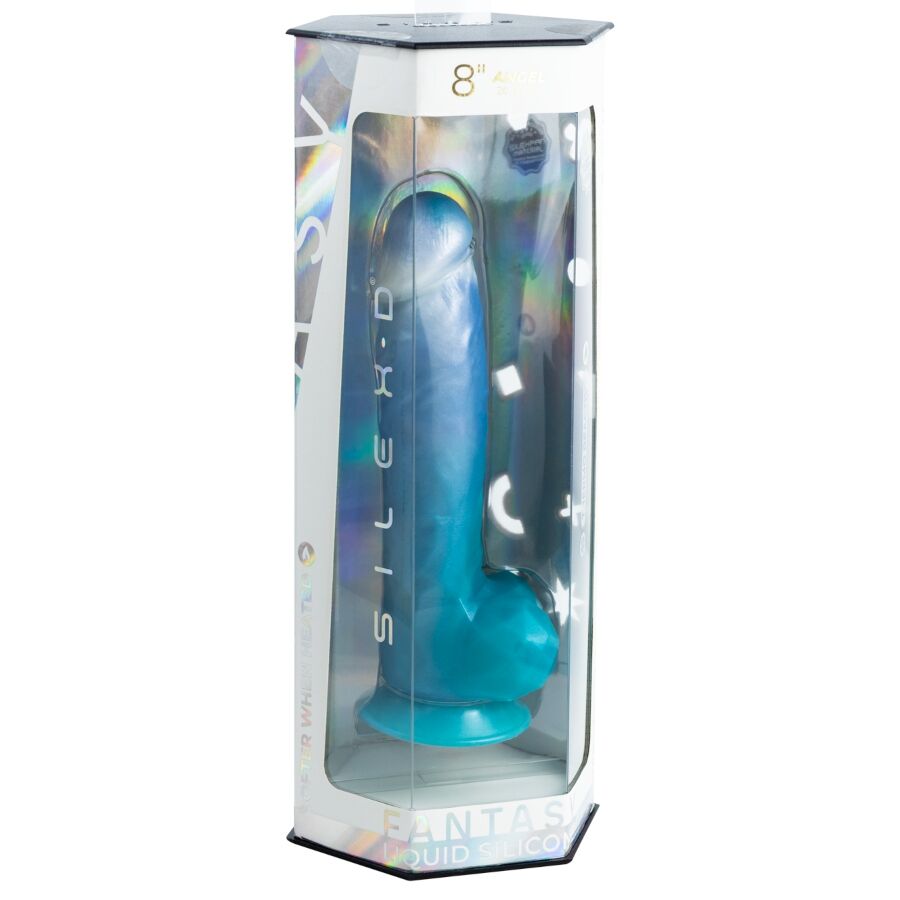 Blister Silexd Fantasy Angel 8", autre face, montrant le gode fantaisie bleu céleste à gland blanc nacré. Silicone liquide thermoréactif souple au chaud, 20,3 cm, cœur Silexpan.