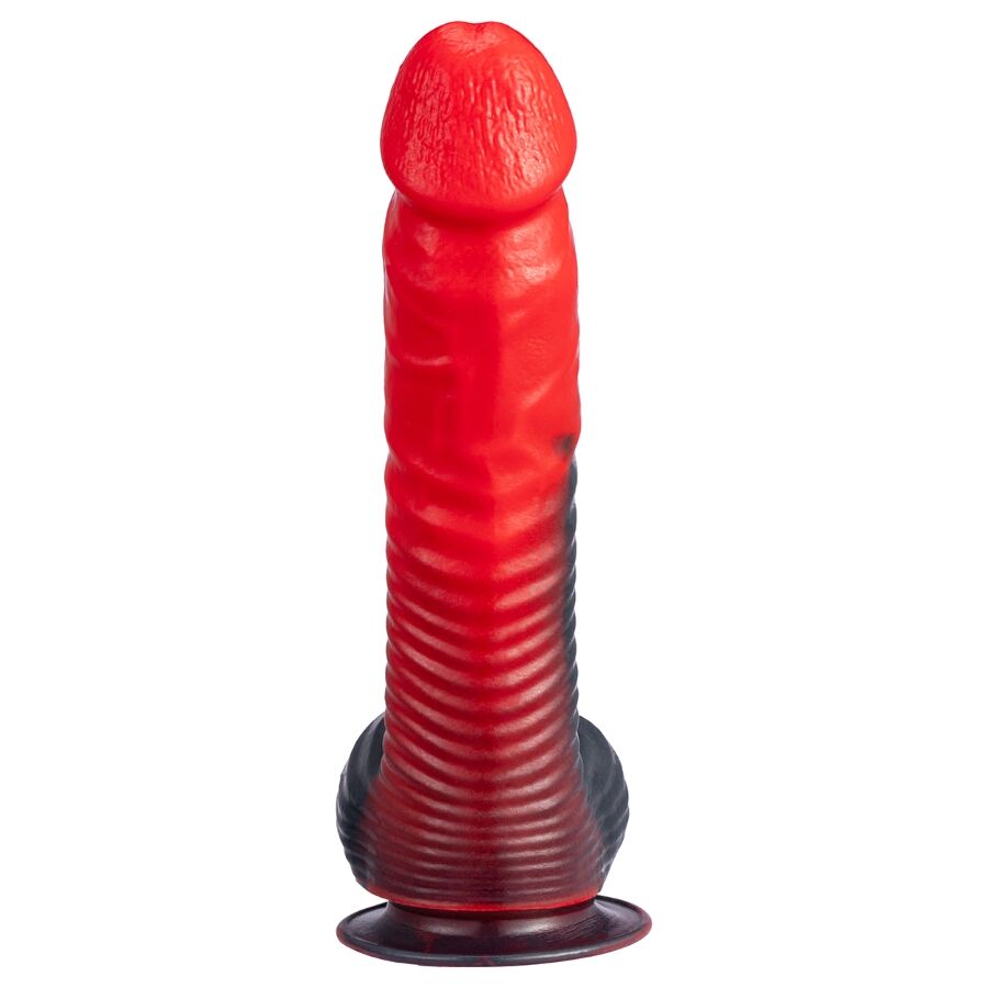 Gode fantaisie Devil Silexd rouge et noir vu de face : gland réaliste rouge, fût strié, base testiculaire sombre et ventouse stable. Silicone liquide thermoréactif, 20,3 cm, Silexpan.