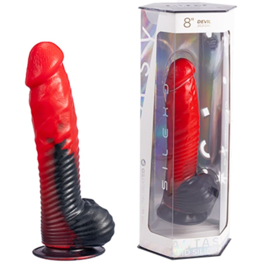 Boîte Silexd Fantasy Devil 8" en blister transparent, montrant le gode fantaisie rouge et noir au gland réaliste. Silicone liquide thermoréactif, 20,3 cm, technologie Silexpan.