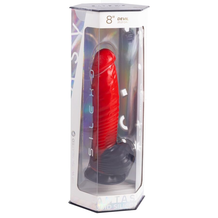 Blister Silexd Fantasy Devil 8" présentant le gode fantaisie rouge et noir, gland modelé visible à travers le plastique. Silicone liquide thermoréactif rouge, 20,3 cm, cœur Silexpan.