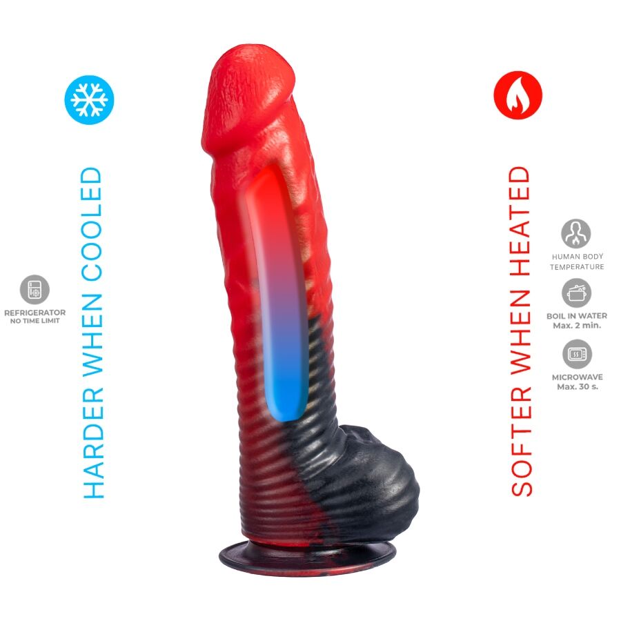 Gode fantaisie Devil Silexd avec démo thermo : fût rouge virant au bleu au froid, gland modelé, base noire texturée et ventouse. Silicone liquide thermoréactif, marque Silexpan.