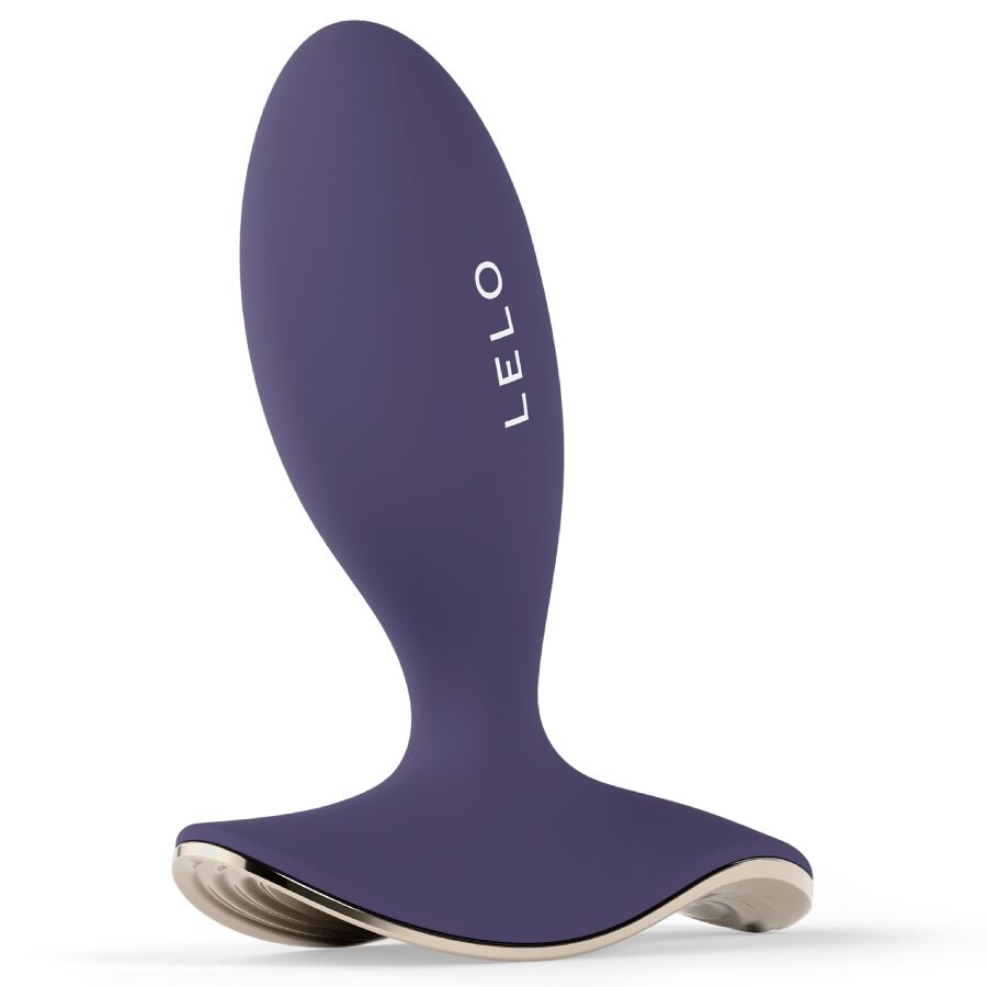 Plug anal vibrant Lelo Surfer 2 violet de profil, large base plate finition doree et corps en silicone doux, plug connecte etanche a quatre modes integres.