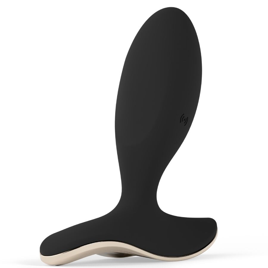Plug anal vibrant noir de profil, corps bombe en silicone doux et large base plate pour le maintien, plug connecte Lelo Surfer 2 etanche rechargeable USB.