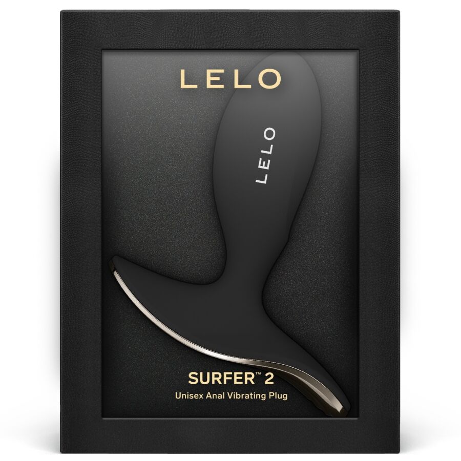 Boite noire du plug anal vibrant Lelo Surfer 2, visuel du plug en silicone sur l'emballage sobre, plug unisexe connecte etanche a quatre modes integres.