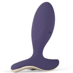 Plug anal vibrant violet en silicone d'une seule piece vu de face, base evasee pour le confort et le maintien, plug Lelo Surfer 2 connecte et etanche.