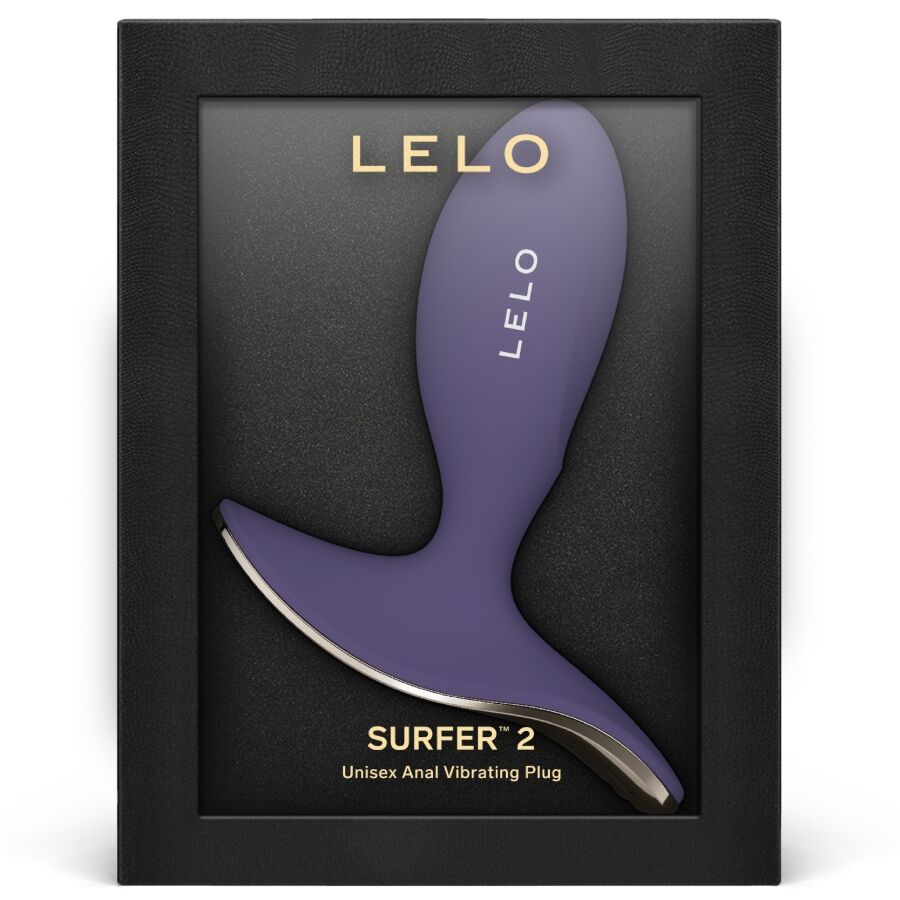 Boite noire du plug anal Lelo Surfer 2 montrant le plug violet en silicone, emballage luxe mention plug anal vibrant unisexe etanche et rechargeable.