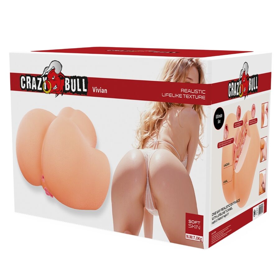 Boite du masturbateur buste Crazy Bull Vivian montrant un visuel suggestif de modele et le buste realiste, lifelike texture en TPE soft skin a deux orifices.