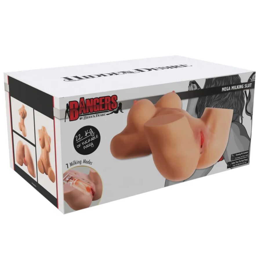 Boite Bangers Mega Milking Butt du torse masturbateur feminin, packaging illustrant le moulage realiste et ses sept modes de traite.