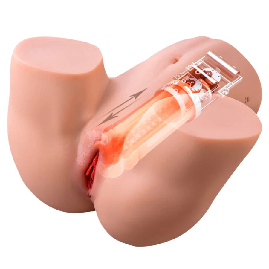 Vue interne du torse masturbateur feminin montrant la vulve moulee et le mecanisme de traite transparent qui aspire le canal vaginal texture.