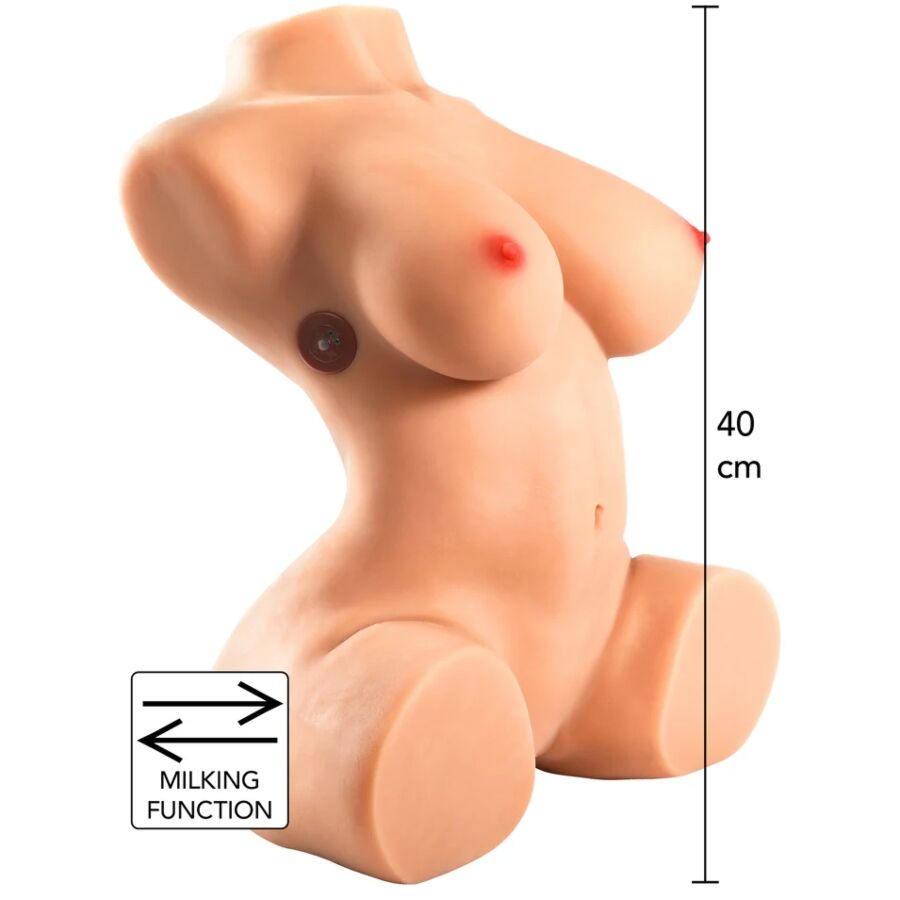 Torse masturbateur feminin en TPR de profil avec cote 40 cm et pictogramme fonction traite, poitrine nue et courbes du moulage realiste.