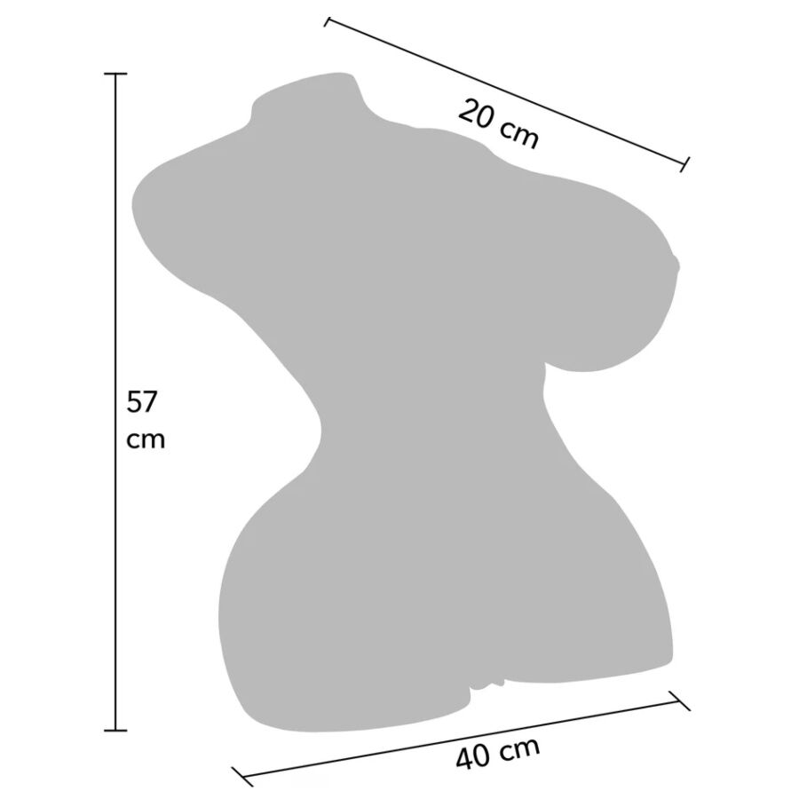 Schema des dimensions du torse masturbateur feminin en silhouette grisee indiquant 57 cm de haut, 20 cm de large et 40 cm de profondeur.