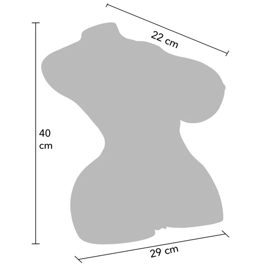 Schema des dimensions du torse masturbateur feminin en silhouette grisee indiquant 57 cm de haut, 22 cm de large et 40 cm de profondeur.