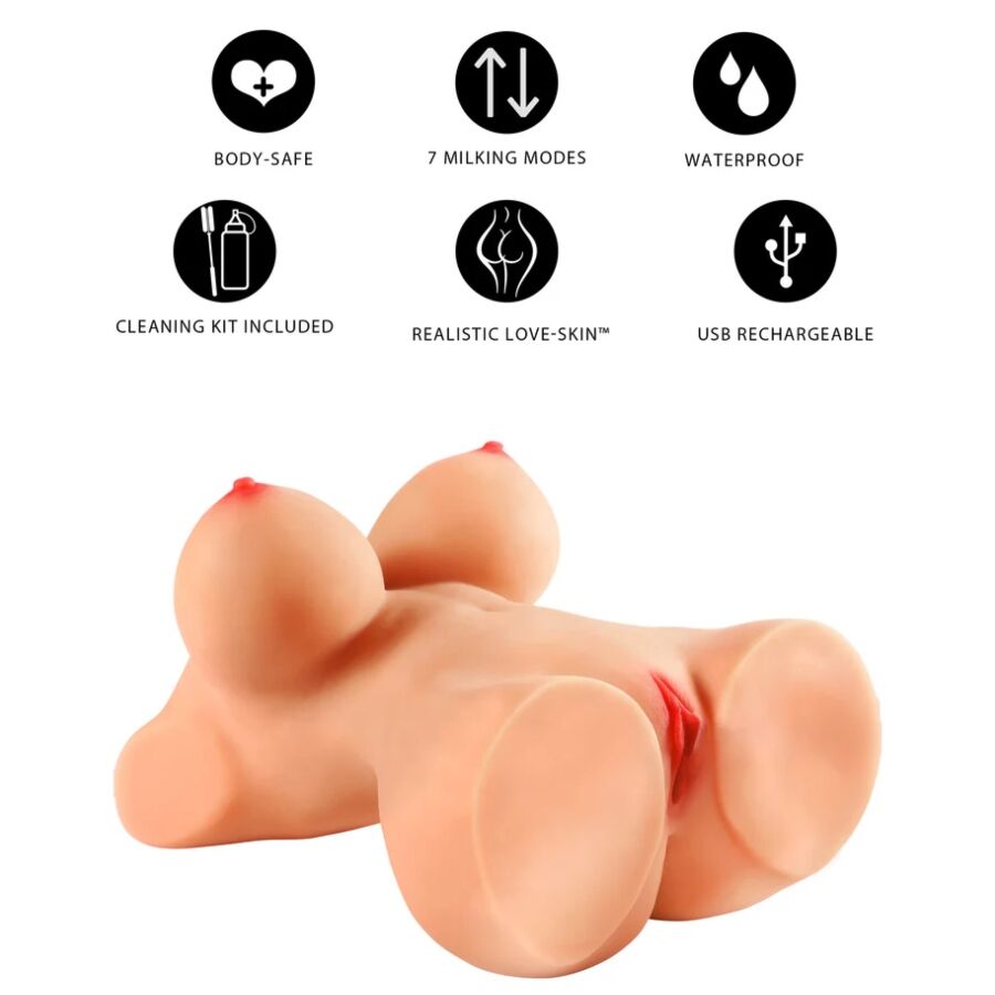 Torse masturbateur feminin en TPR vu en plongee, poitrine nue genereuse et vulve moulee du gabarit realiste a aspiration 7 vitesses.