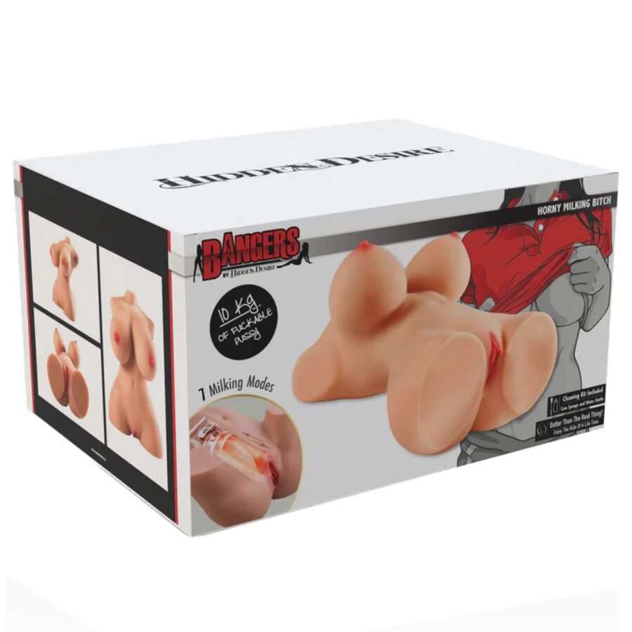 Boite Bangers du torse masturbateur feminin a fonction d aspiration, packaging illustrant le moulage realiste et ses sept modes de traite.