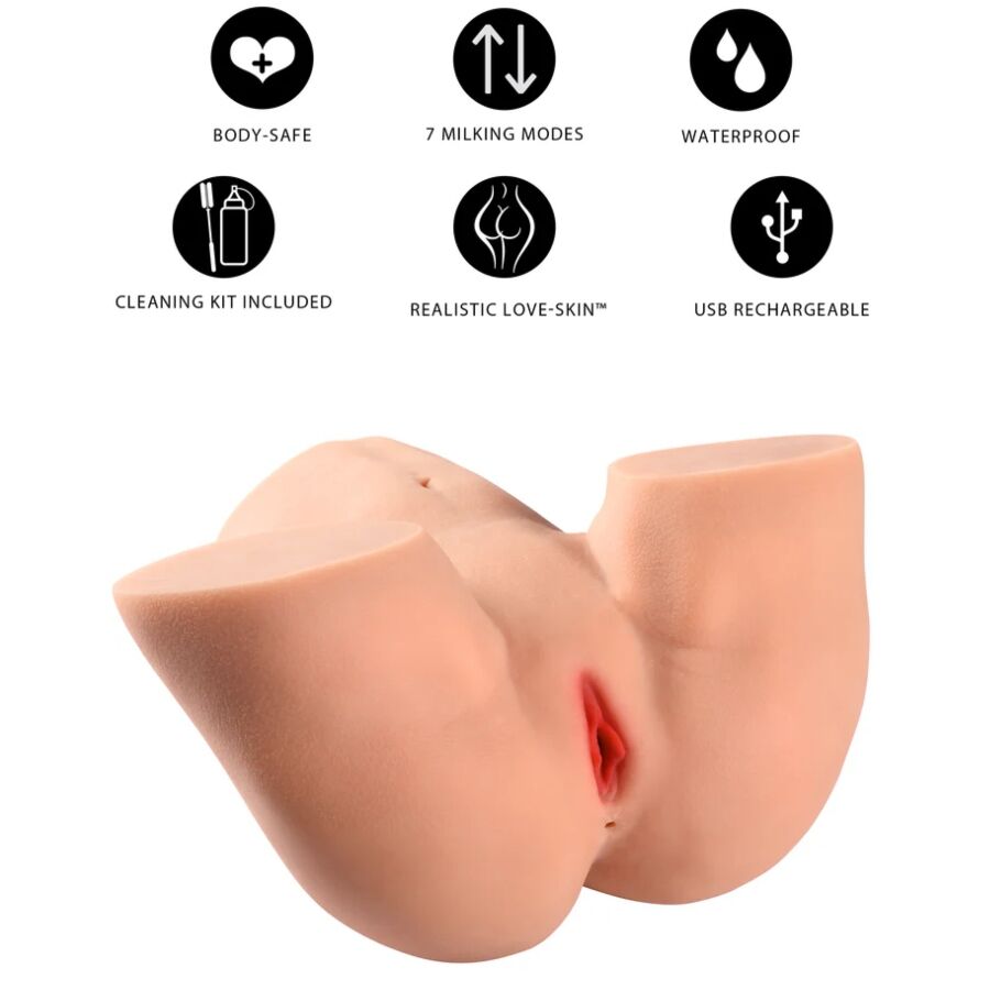 Masturbateur buste fessier feminin en TPR, vue trois-quarts arriere sur les fesses pleines et l'orifice vaginal, format lourd avec fonction traite multi-vitesses pour stimulation rythmee.