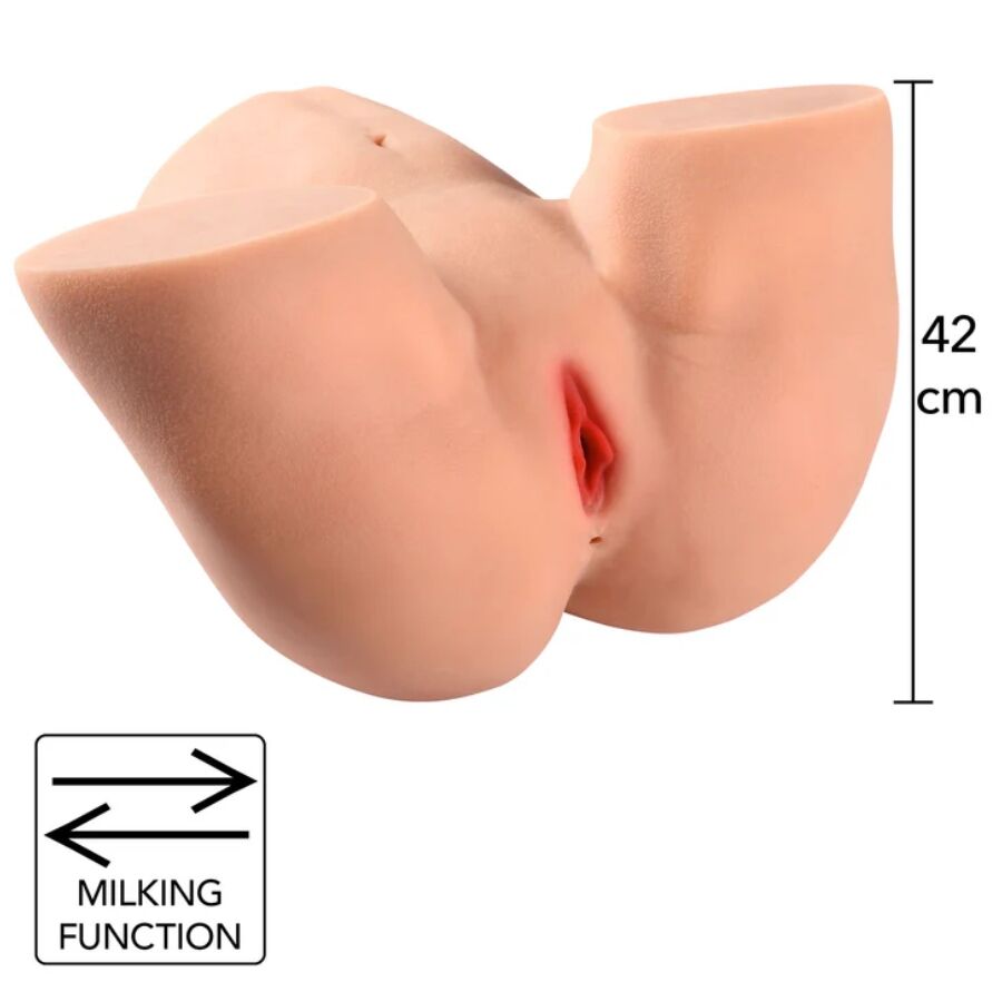 Masturbateur buste fessier en TPR, vue de cote avec hauteur de 42 cm indiquee, fesses voluptueuses et orifice vaginal, gabarit imposant pour une experience immersive et lourde.