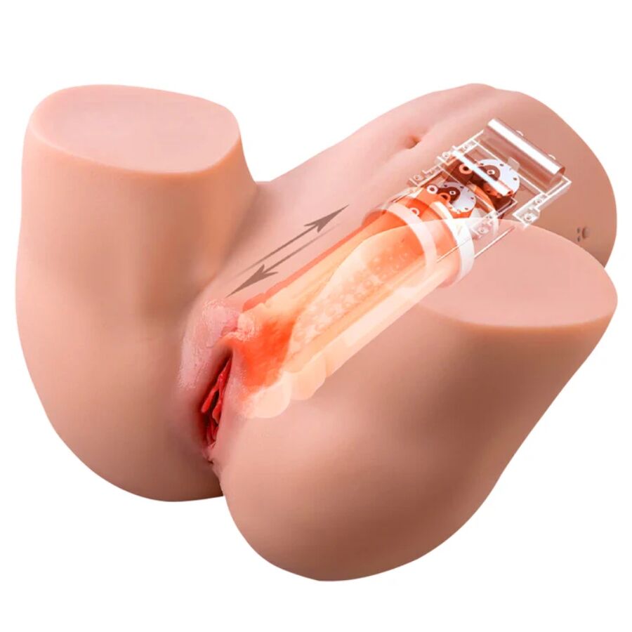 Masturbateur fessier feminin en TPR, schema interne montrant la bille vibrante inseree dans le canal vaginal texture, fonction traite a plusieurs vitesses pour intensifier les sensations.
