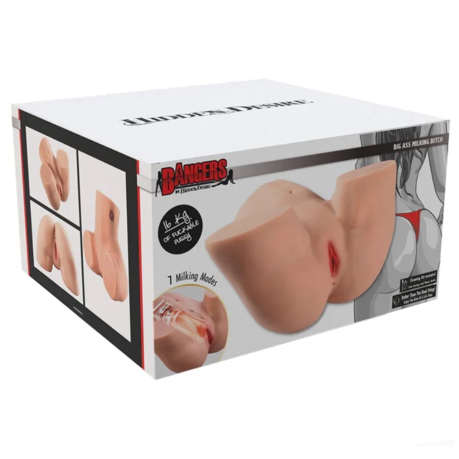 Boite du masturbateur fessier Hidden Desire Bangers, packaging affichant en vignettes les orifices vaginal et anal realistes et la mention 7 milking modes pour la fonction traite.
