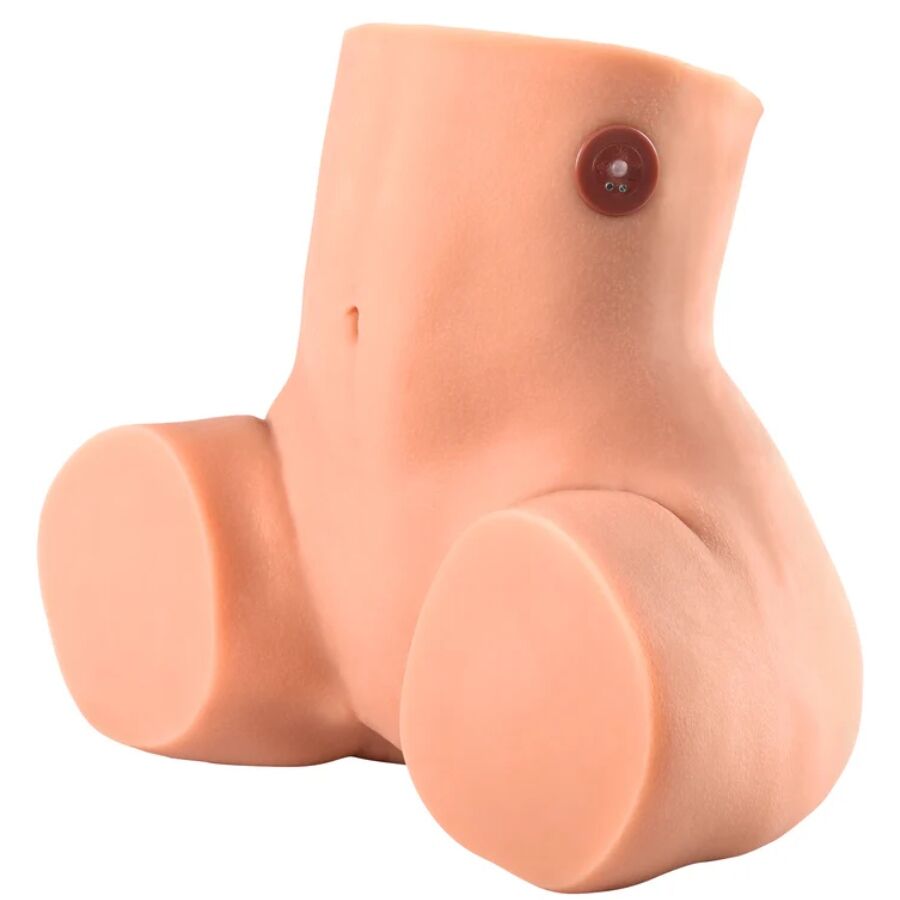Masturbateur torse feminin en TPR, vue de profil sur les fesses rebondies et le bas-ventre, gros gabarit pense pour une penetration en levrette immersive et une sensation enveloppante.