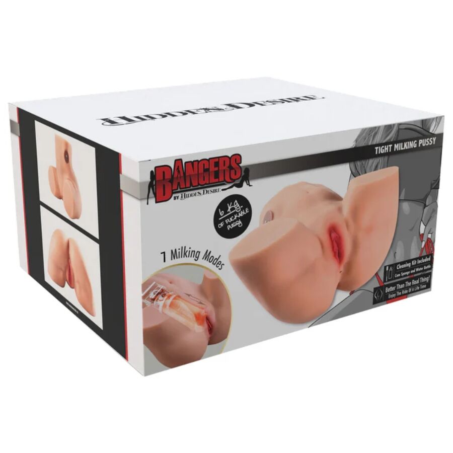 Boite du masturbateur compact Hidden Desire Bangers, packaging Tight Milking Pussy affichant les orifices realistes en vignettes et la mention 7 milking modes de la fonction traite.