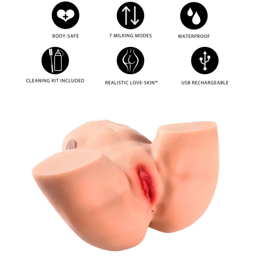Masturbateur feminin compact en TPR, vue trois-quarts arriere sur les fesses et l'orifice vaginal, format ramasse a serrage intense pour une stimulation profonde et immersive.
