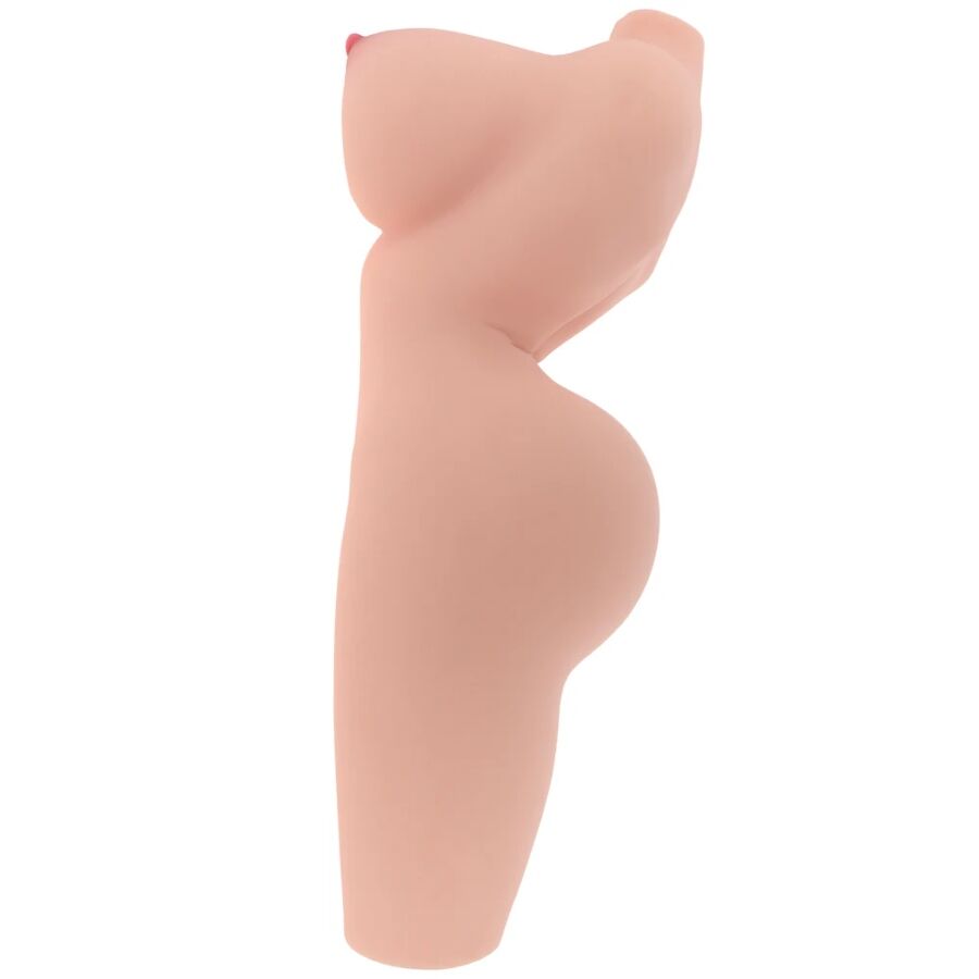 Torse masturbateur feminin en TPR, vue laterale droite mettant en valeur les courbes du buste et des fesses, gabarit lourd de 15 kg au realisme prononce.