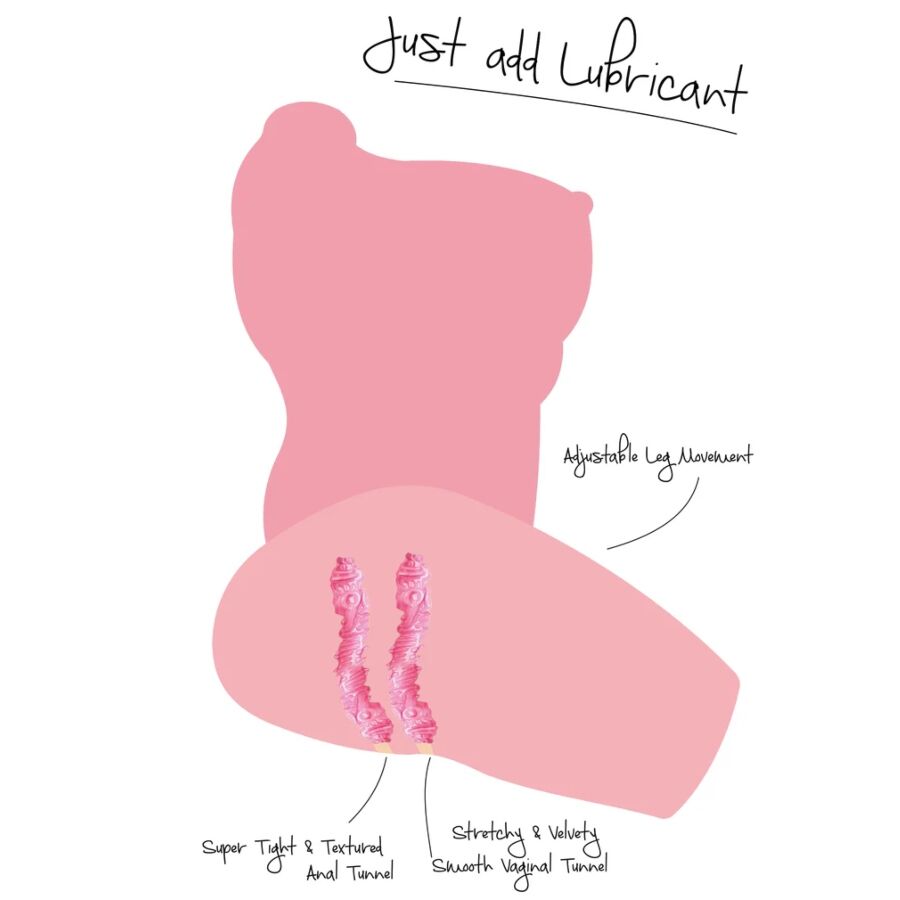 Schema illustratif des tunnels du torse masturbateur Hidden Desire, coupe rose montrant le canal anal serre texture et le canal vaginal veloute avec mouvement de jambe ajustable.